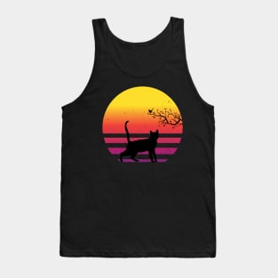 Cute Cat Watching Bird On Tree Vintage Retro Sunset Tank Top